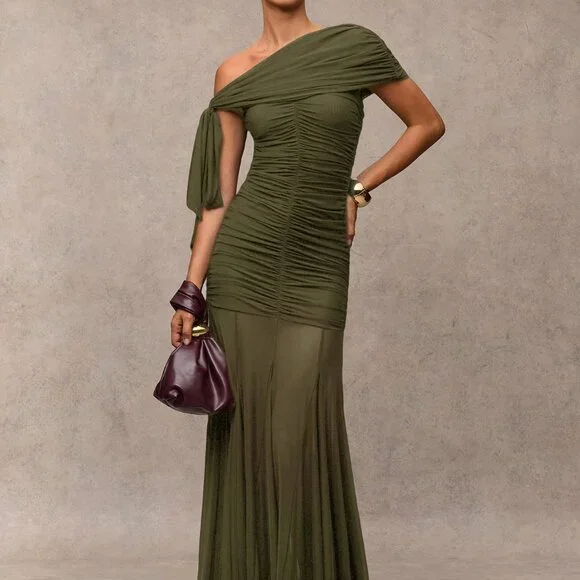 Army Green Elegant Women's Ruched Asymmetric Dress - Picture 3 of 8